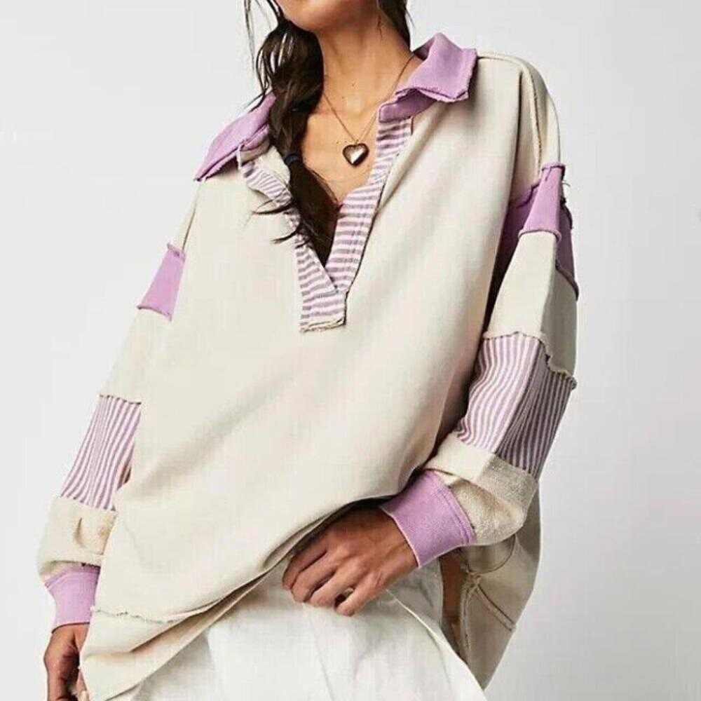 Free People Cream and Lavender Oversized Pullover Sweatshirt